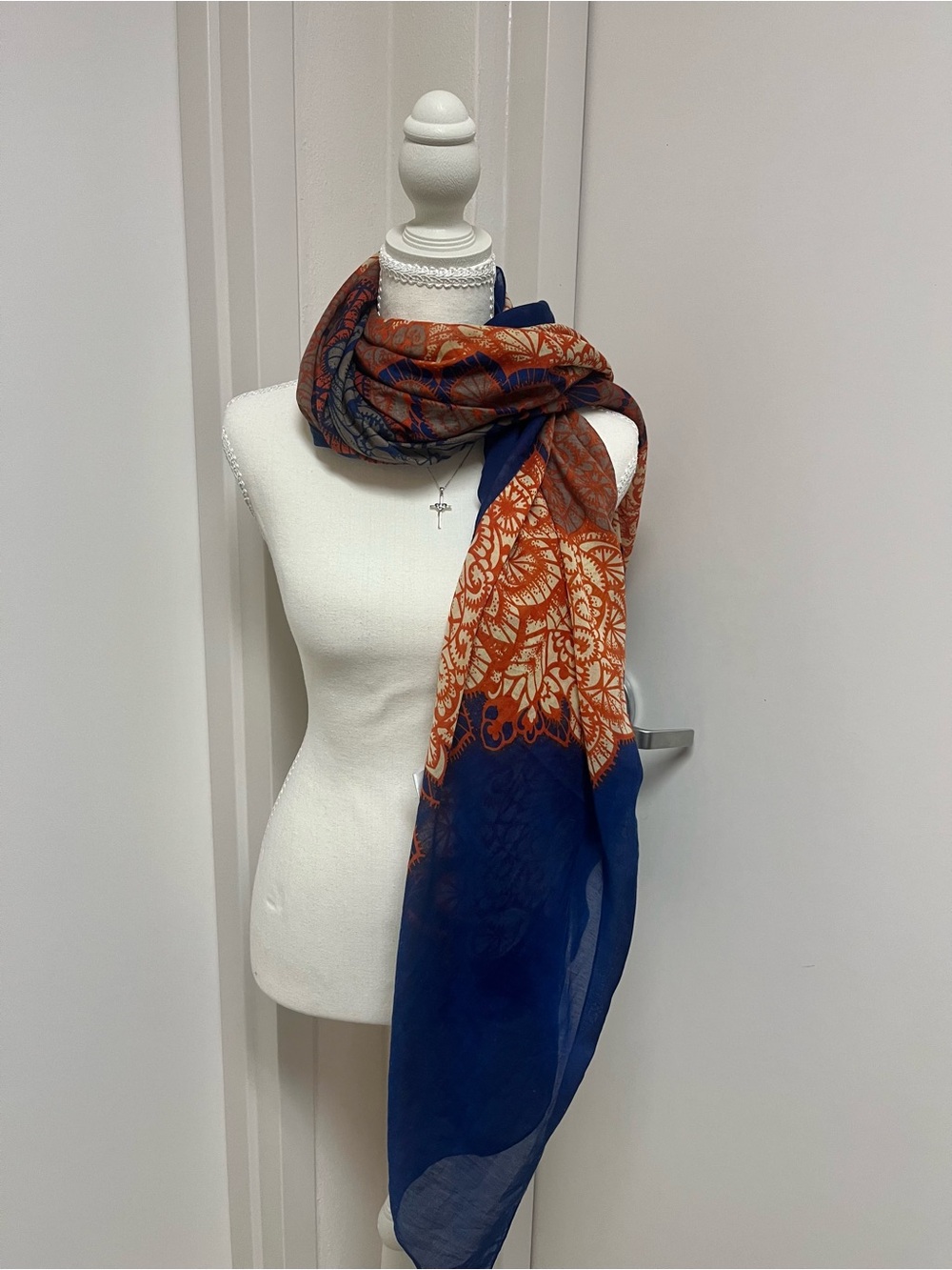 Lightweight Floral Pattern Scarf in Navy and Rust - Picture 2 of 7